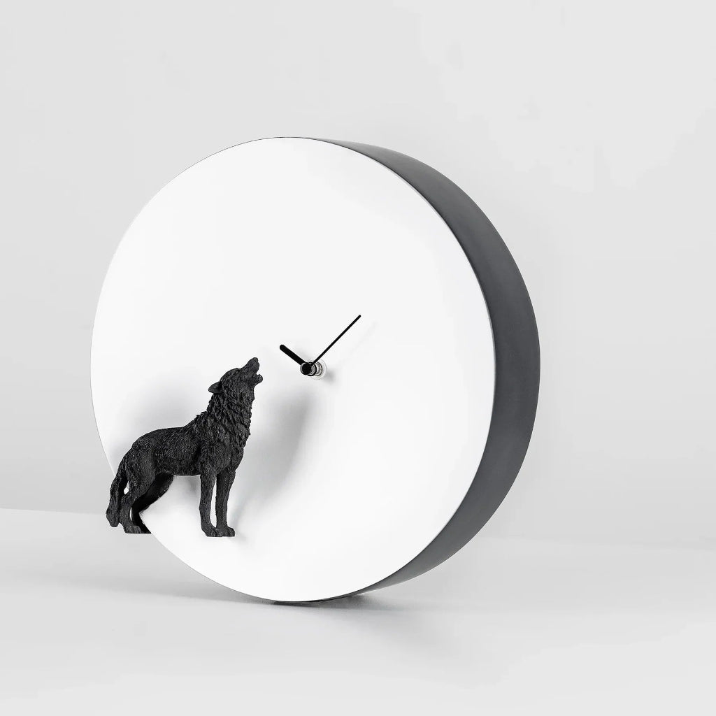 Wall clock with a wolf design on a white background available at Spacio retail stores in Mumbaii & Kolkata and online.