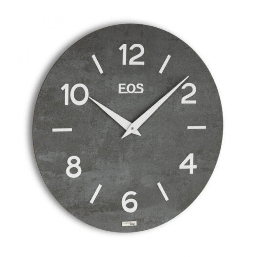 Gray wall clock with 'EOS' branding on a white background available at Spacio retail stores in Mumbaii & Kolkata and online.