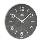 Gray wall clock with 'EOS' branding on a white background available at Spacio retail stores in Mumbaii & Kolkata and online.