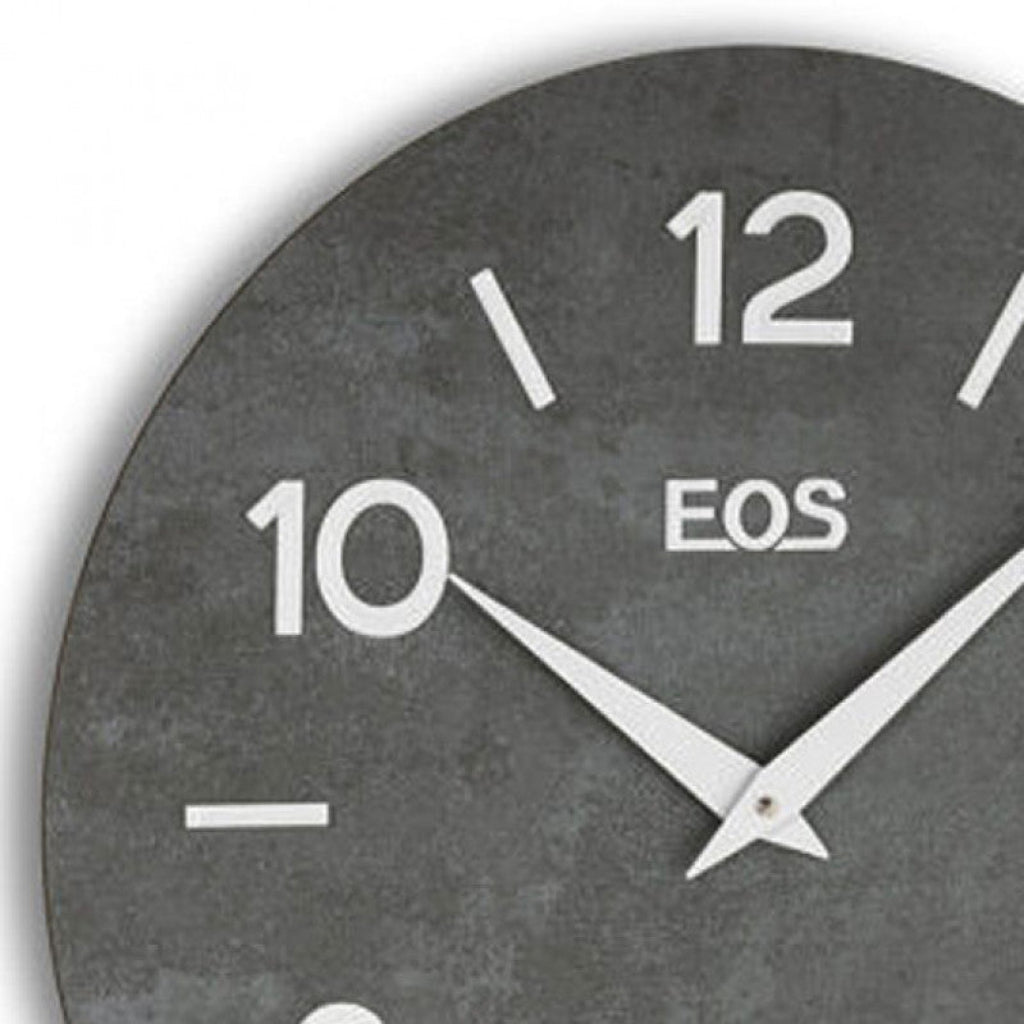 Gray wall clock with 'EOS' branding on a white background