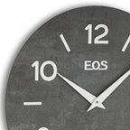 Gray wall clock with 'EOS' branding on a white background