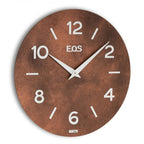 Brown wall clock with white numbers and 'EOS' branding on a white background available at Spacio retail stores in Mumbaii & Kolkata and online.