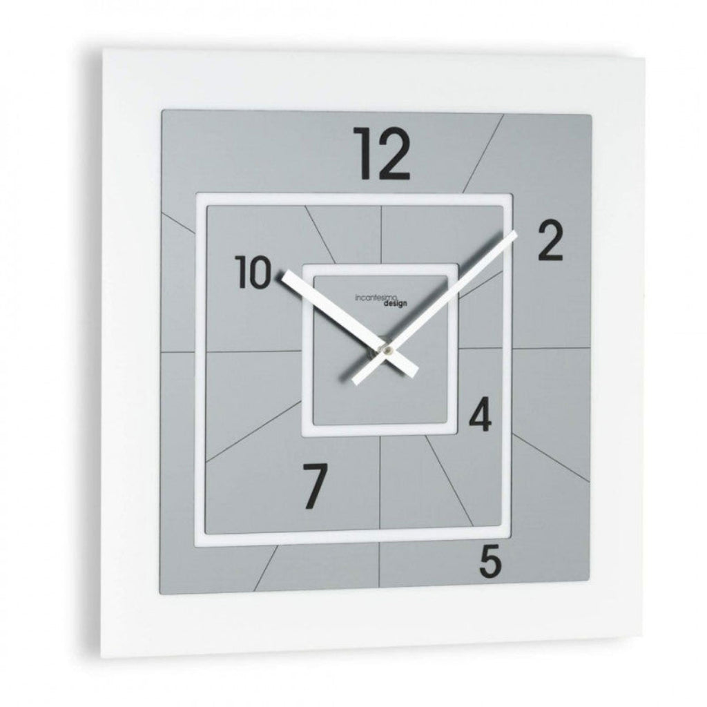 Square wall clock with gray background and white frame on a white background available at Spacio retail stores in Mumbaii & Kolkata and online.