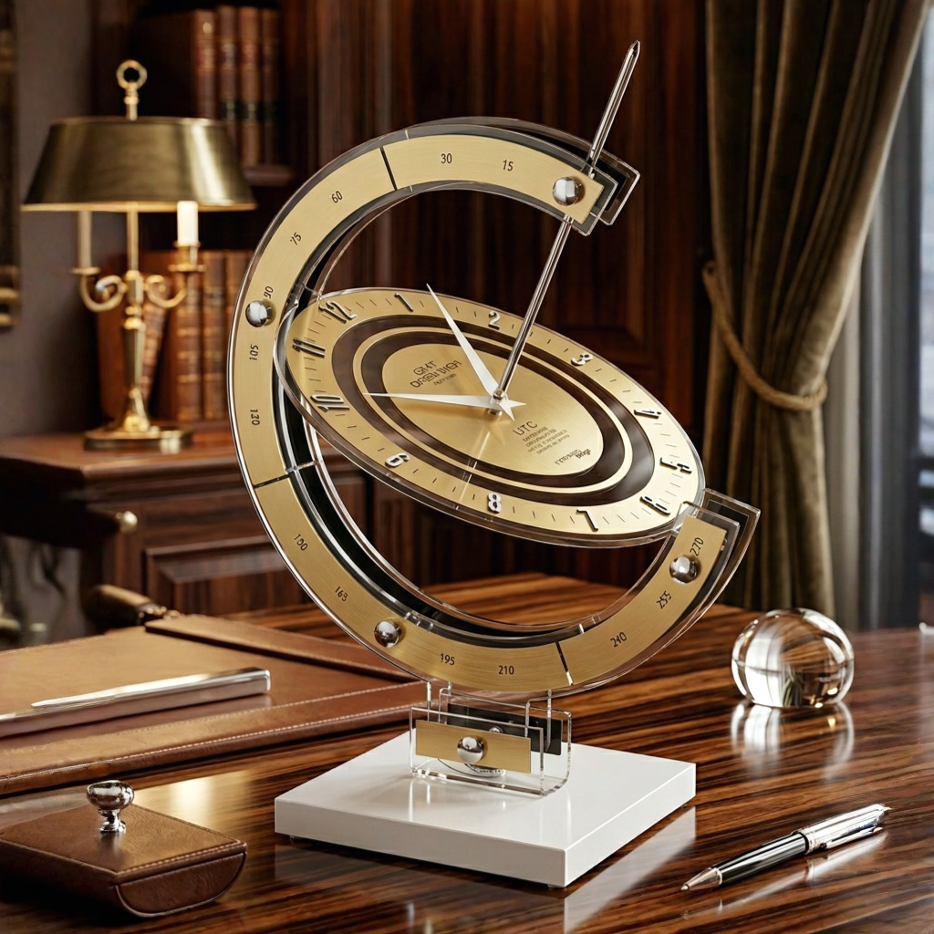 Decorative sundial design table clock on a wooden desk with books and a lamp in the background
