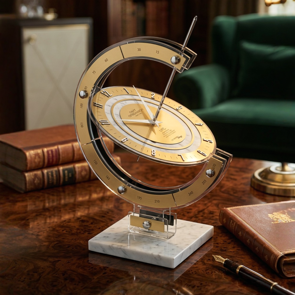 Decorative sundial design table clock on a marble base with books and a pen in the background