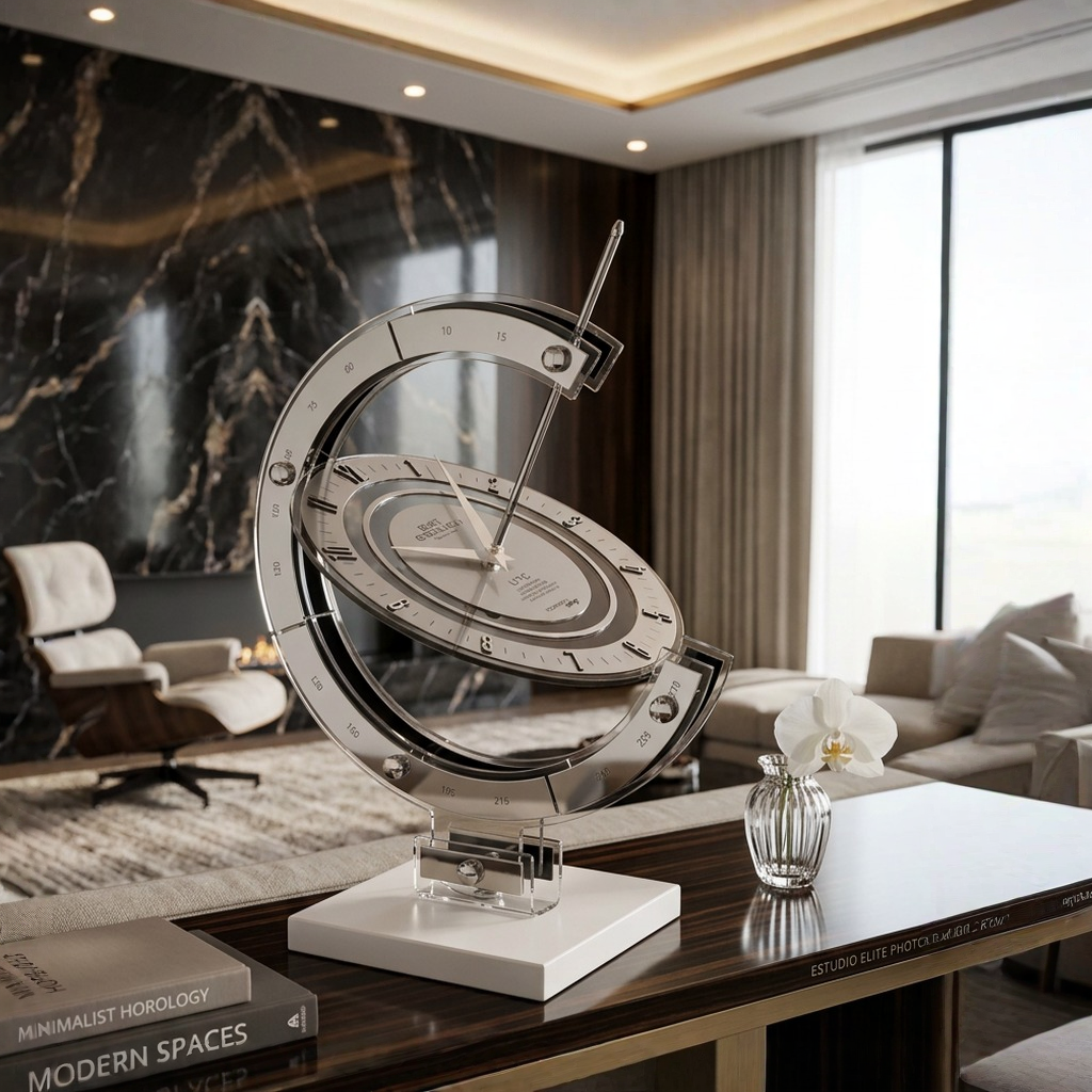 Decorative sundial greenwich armillary table clock on a console table in a modern living room