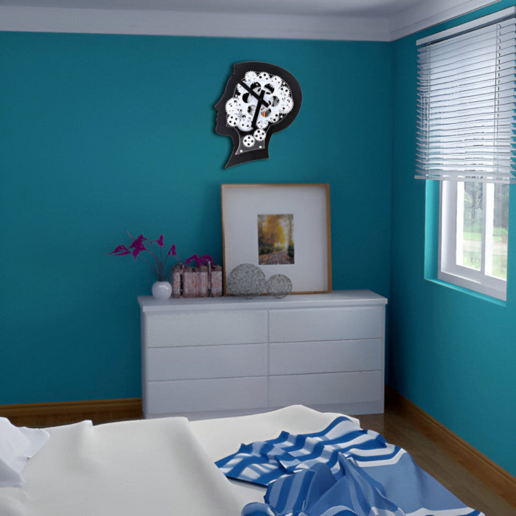 Bedroom with blue walls, white dresser, and decorative items.