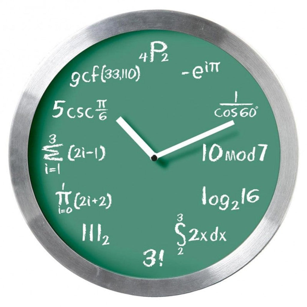 Clock with mathematical equations on a green background from Kairos available at Spacio retail stores in Mumbaii & Kolkata and online.