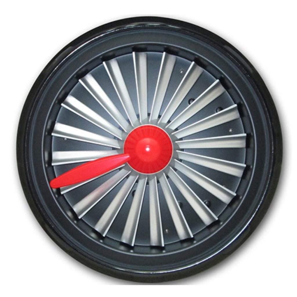 Circular object with metallic blades and a red center on a white background from Kairos available at Spacio retail stores in Mumbaii & Kolkata and online.