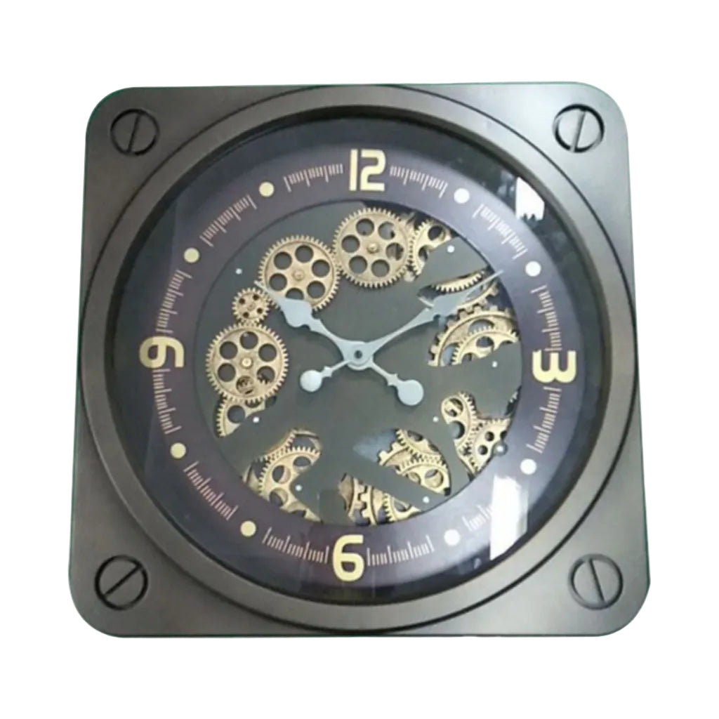 Mechanical clock with gold gears and a black face on a white background from Kairos available at Spacio retail stores in Mumbaii & Kolkata and online.