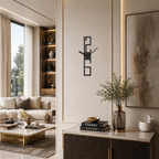 Modern living room with a wall clock, books, and decorative items.