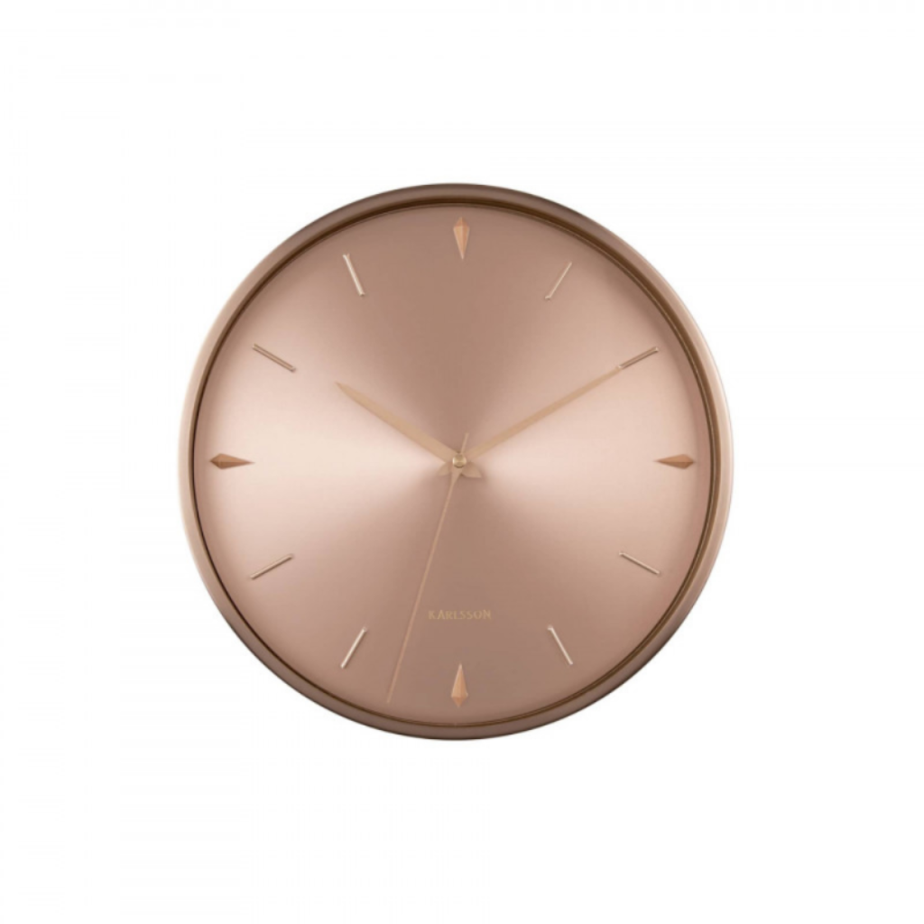 Rose gold wall clock on a white background from Karlsson available at Spacio retail stores in Mumbaii & Kolkata and online.