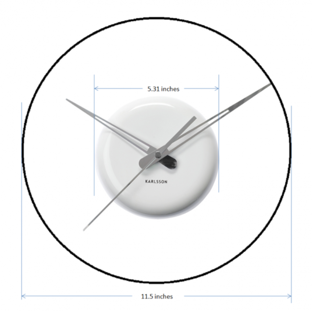 Wall clock with dimensions labeled on a white background