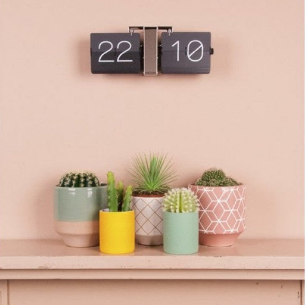 Flip clock on a pink wall with potted plants below