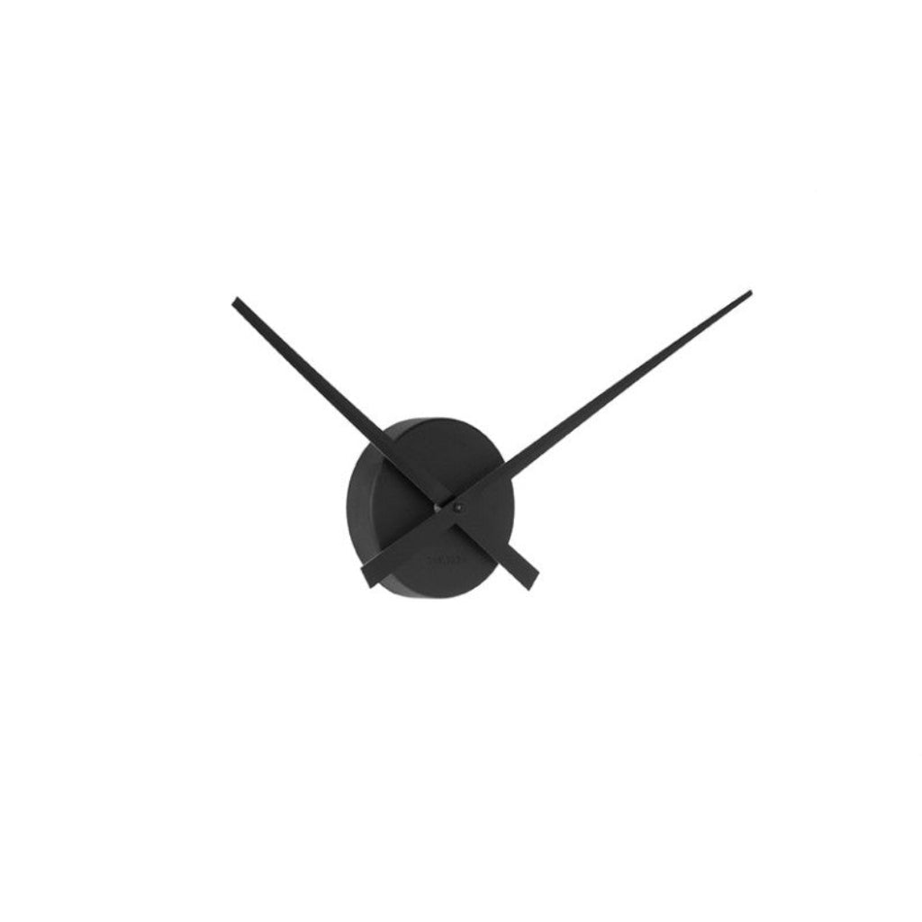 Black wall clock with long and short hands on a white background