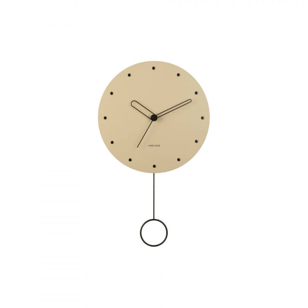 Beige wall clock with a pendulum on a white background from Karlsson available at Spacio retail stores in Mumbaii & Kolkata and online.
