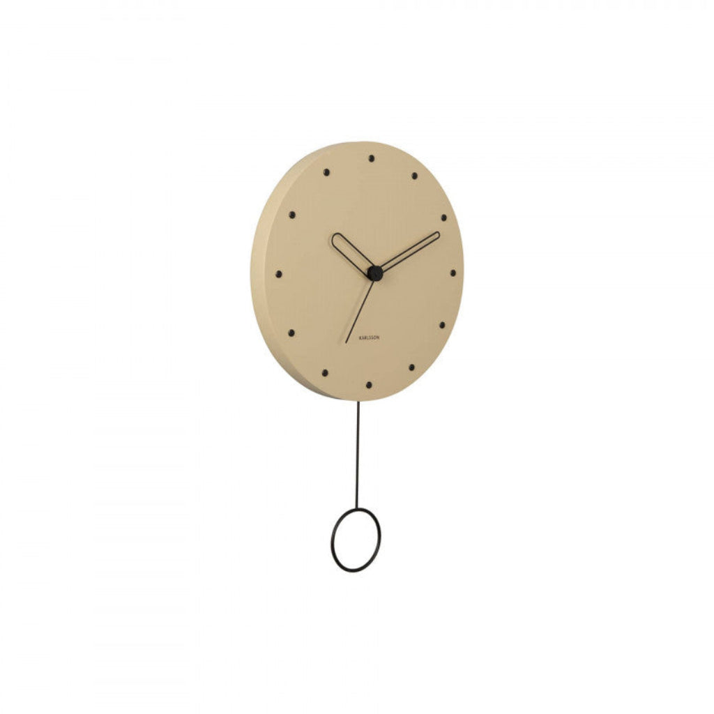 Beige wall clock with a pendulum on a white background 