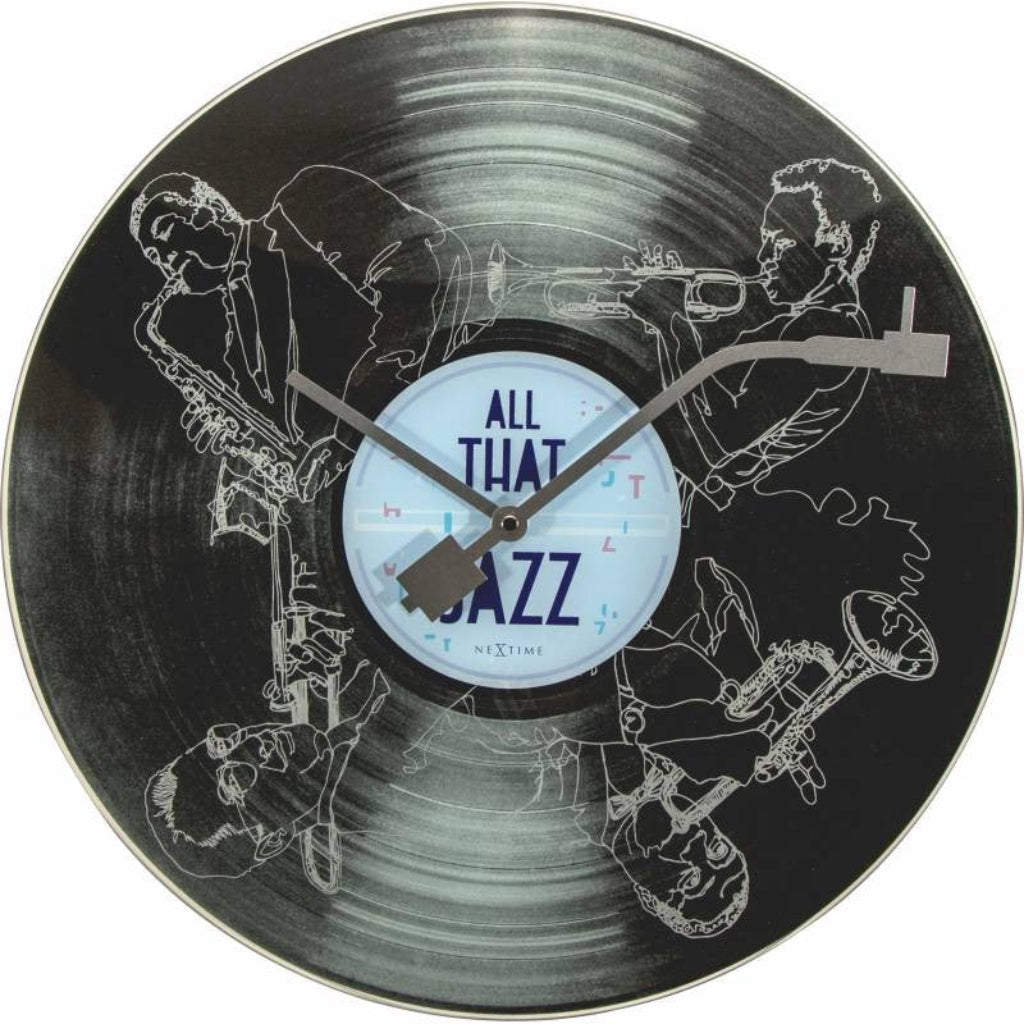 Wall clock made from a vinyl record with jazz musicians design from Nextime available at Spacio retail stores in Mumbaii & Kolkata and online.