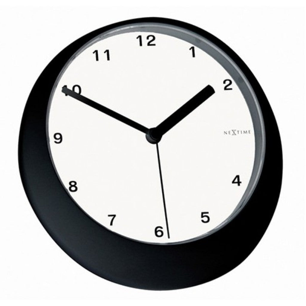 Black wall clock with white face on a white background from Nextime available at Spacio retail stores in Mumbaii & Kolkata and online.