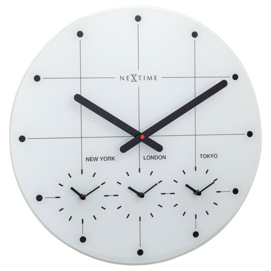 Round wall clock with time display for New York, London, and Tokyo on a white background from Nextime available at Spacio retail stores in Mumbaii & Kolkata and online.