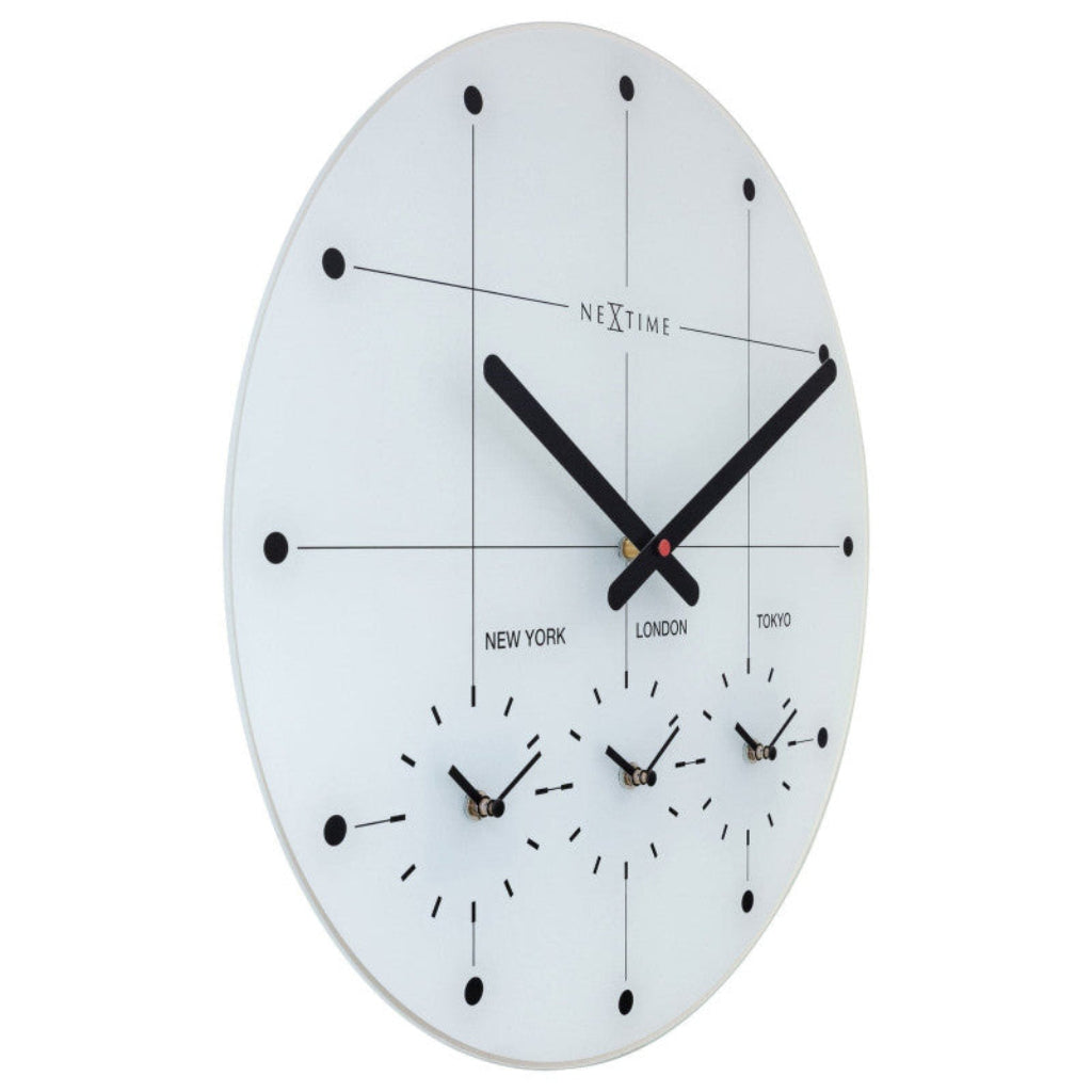 White wall clock with black hands and 'NeXtime' branding on a white background
