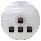Four black electronic components on a circular white background with grid lines