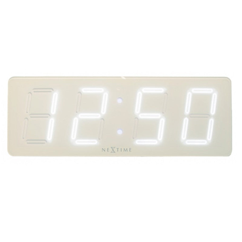 Digital clock with white display on a beige background from Nextime available at Spacio retail stores in Mumbaii & Kolkata and online.