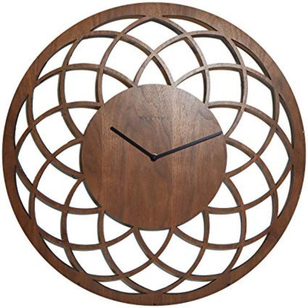 Wooden wall clock with geometric design on a white background from nextime available at Spacio retail stores in Mumbaii & Kolkata and online.
