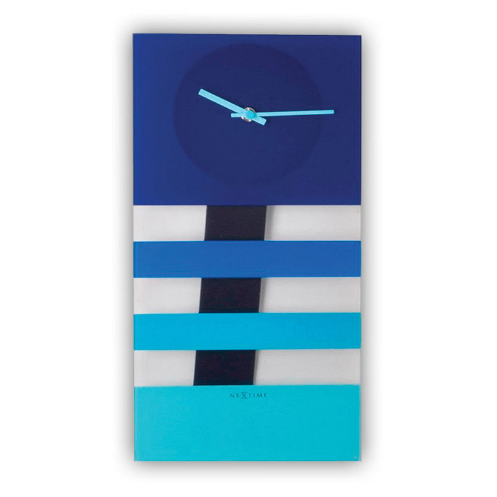 Modern wall clock with blue, white, and black design on a white background From Nextime available at Spacio retail stores in Mumbaii & Kolkata and online.