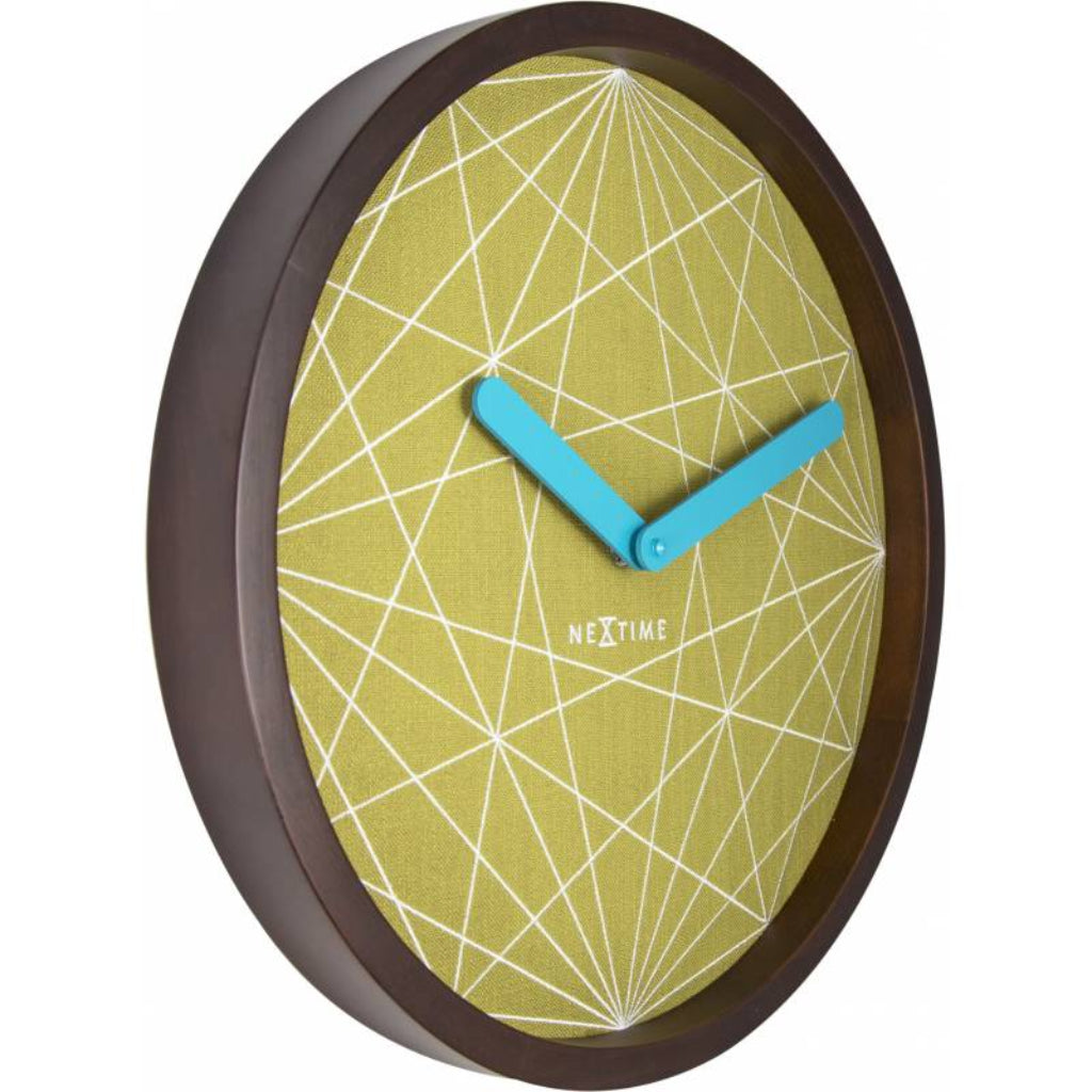 Wall clock with green geometric design and brown frame on a white background