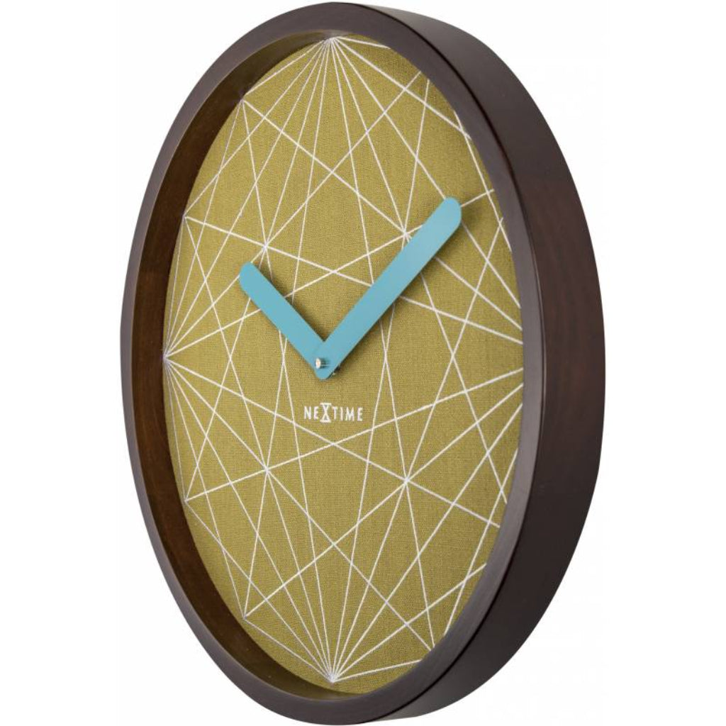Wall clock with geometric design and brown frame on a white background
