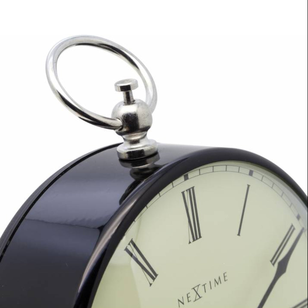 Black pocket watch with silver clasp on a white background, branded 'Nextime'.