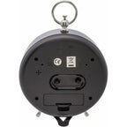 Back view of a black retractable dog leash with metal clip on a white background