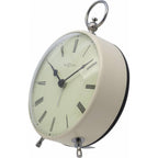 Vintage-style clock with a white face and silver casing on a white background