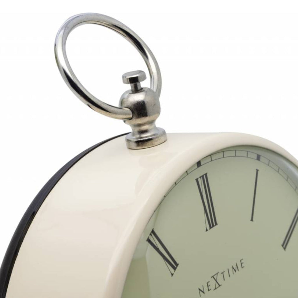 Close-up of a white pocket watch with silver band and 'NeXtime' branding.