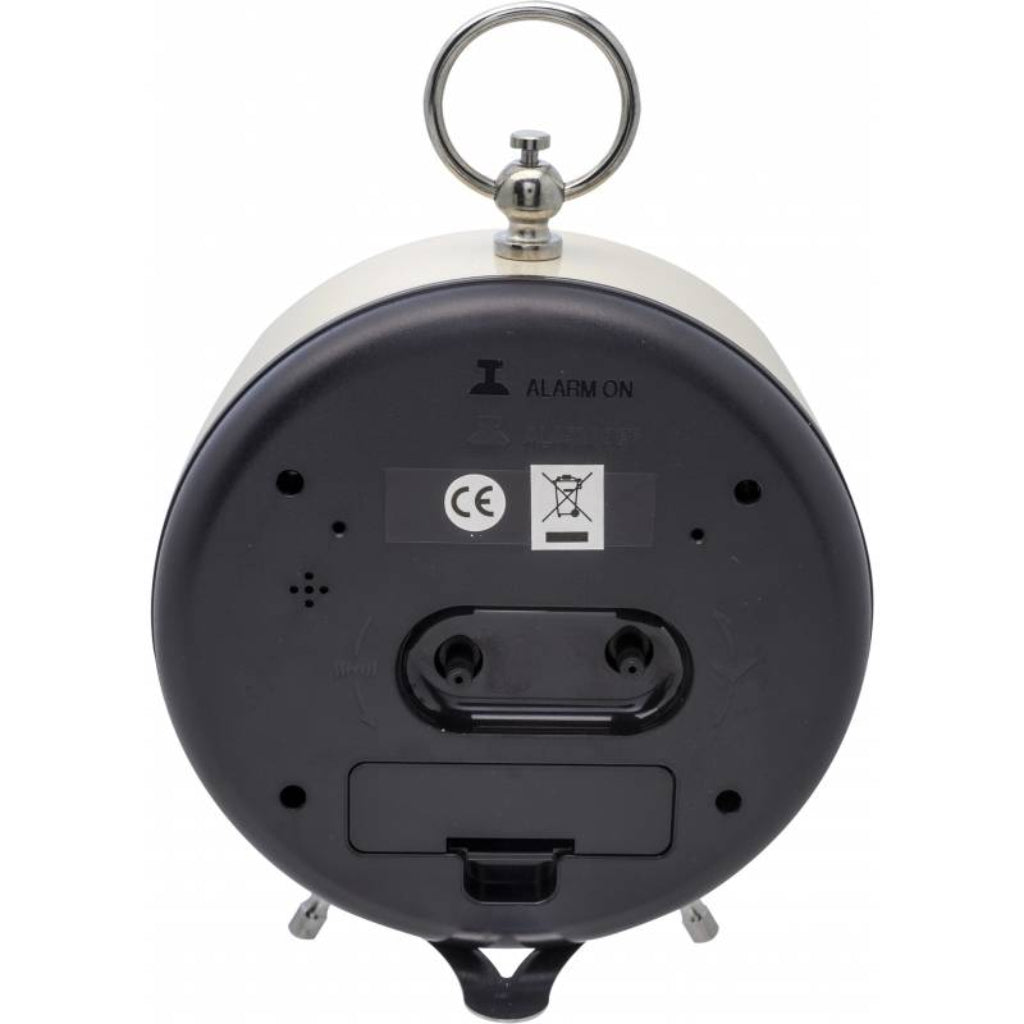 Back view of a black alarm clock with visible brand logo and CE marking on a white background