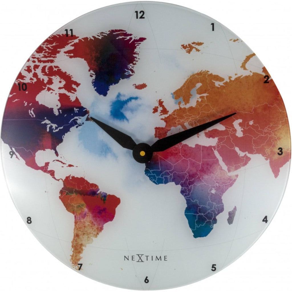 World map clock with colorful design and 'NeXtime' branding on a white background