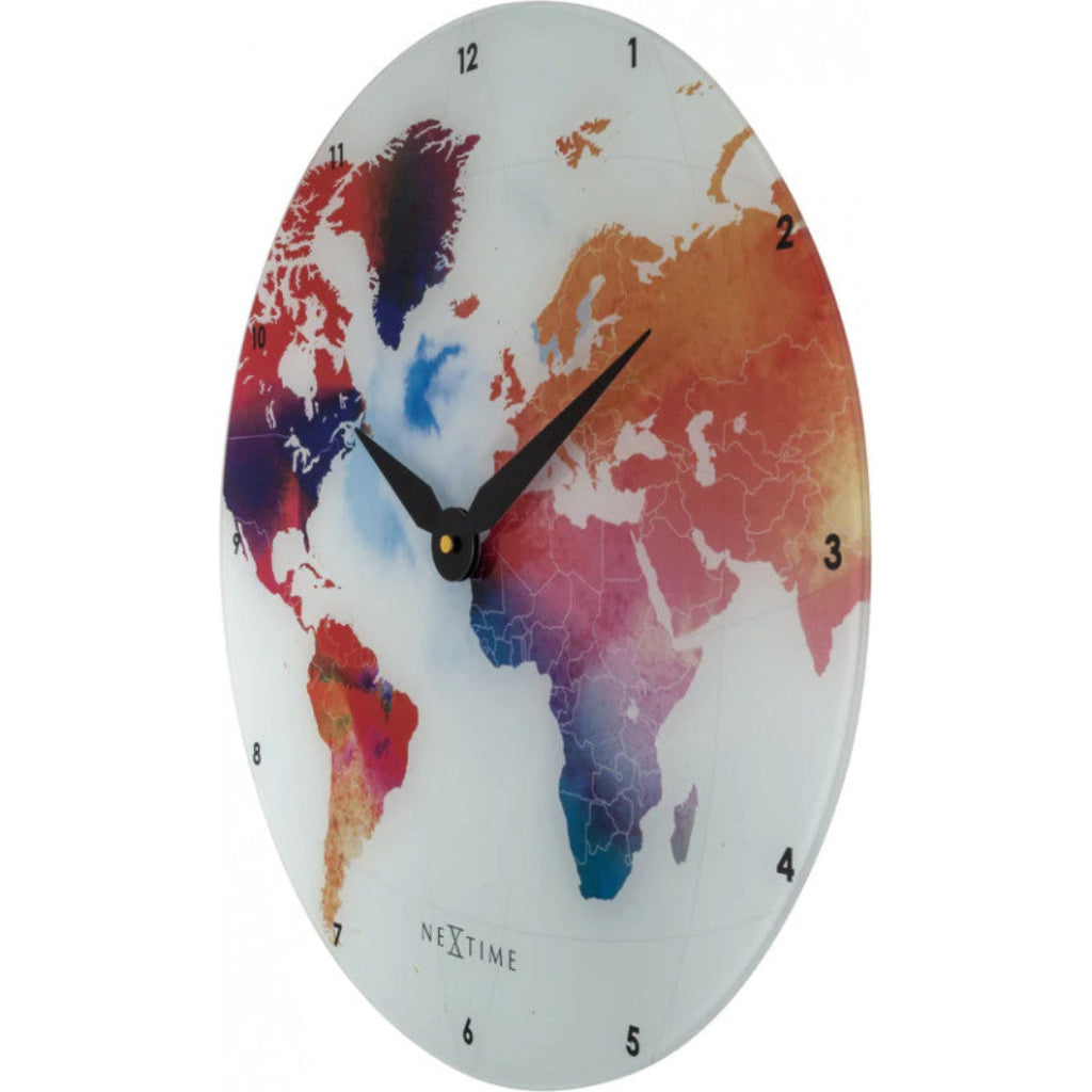 World map clock with colorful design on a white background from Nextime available at Spacio retail stores in Mumbaii & Kolkata and online.