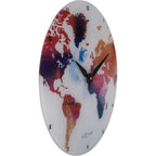 World map wall clock with colorful design on a white background