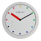 NeXtime wall clock with colorful dot markers on a white background available at Spacio retail stores in Mumbaii & Kolkata and online.