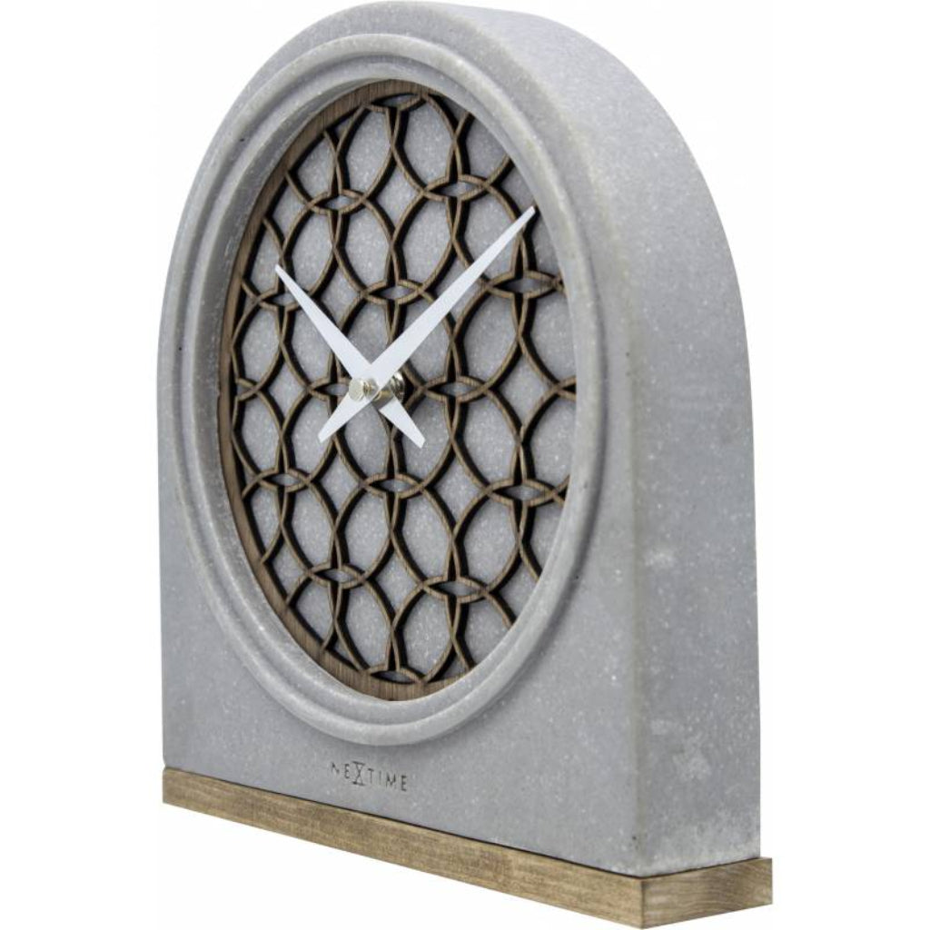 Decorative clock with lattice design on a white background