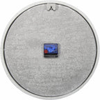 Round metallic cover with a small digital display on a white background