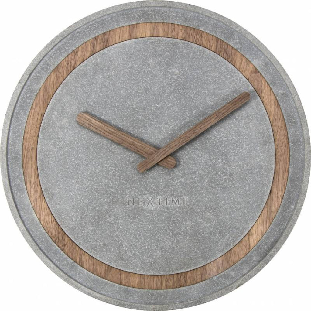 Round wall clock with gray face and wooden accents on a white background available at Spacio retail stores in Mumbaii & Kolkata and online.