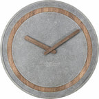 Round wall clock with gray face and wooden accents on a white background available at Spacio retail stores in Mumbaii & Kolkata and online.