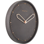 Black wall clock with gold accents on a white background