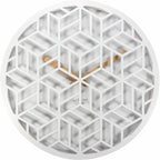 Geometric wall clock with white frame and wooden hands on a white background from Nextime available at Spacio retail stores in Mumbaii & Kolkata and online.