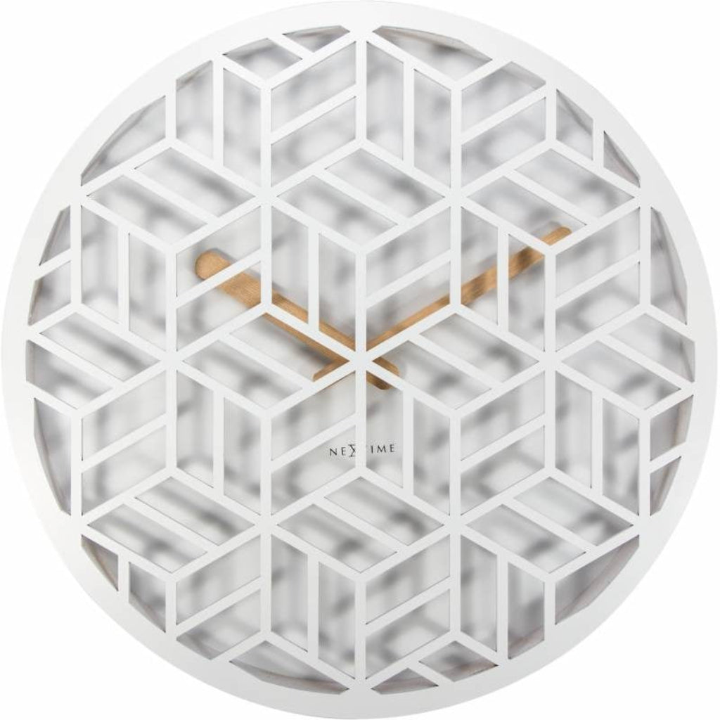 Geometric wall clock with white frame and wooden hands on a white background from Nextime available at Spacio retail stores in Mumbaii & Kolkata and online.