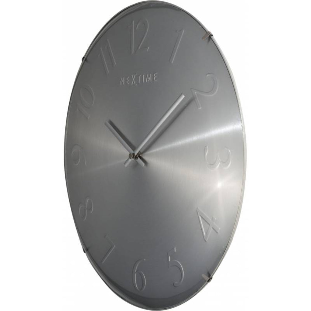Gray wall clock with 'Nextime' branding on a white background