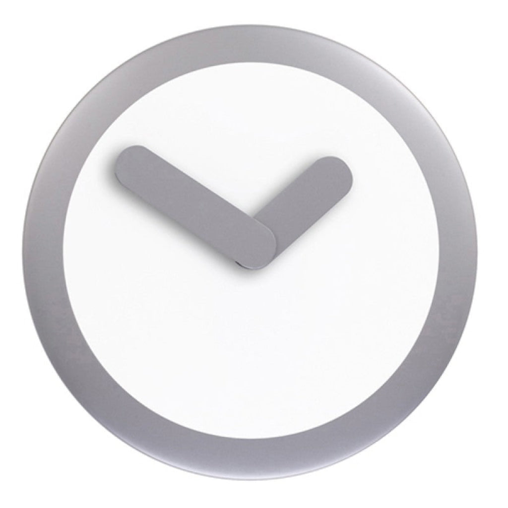 Minimalist wall clock with gray casing on a white background from Nextime available at Spacio retail stores in Mumbaii & Kolkata and online.