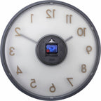 Round clock face with numbers and a central display on a white background